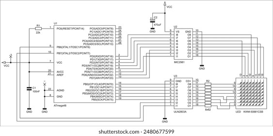 Schematic diagram of electronic device on sheet of paper. Vector drawing electrical circuit with microcontroller,
resistor, integrated circuit, capacitor, diode, led, other components.