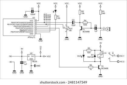 Schematic diagram of electronic device on sheet of paper.
Vector drawing electrical circuit with microcontroller,
transistor, microphone,
resistor, integrated circuit, capacitor, diode, led,
other.