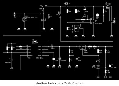 Schematic diagram of electronic device on sheet of paper. Vector drawing electrical circuit with operational amplifier, connector, resistor, integrated circuit, capacitor, led,
coil, other components.