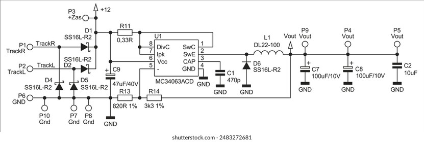 Schematic diagram of electronic device on sheet of paper. Vector drawing electrical circuit with 
resistor, capacitor, integrated circuit,
inductance coil, diode, other components.