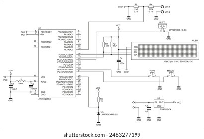 Schematic diagram of electronic device on sheet of paper. Vector drawing electrical circuit with
resistor, capacitor, integrated circuit,
diode, microcontroller, lcd display, other components.