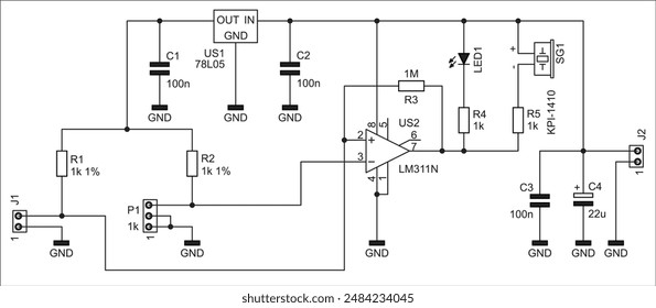 Schematic diagram of electronic device on sheet of paper. Vector drawing electrical analog circuit with voltage stabilizer, resistor, operational amplifier, connector, 
capacitor, led, other component