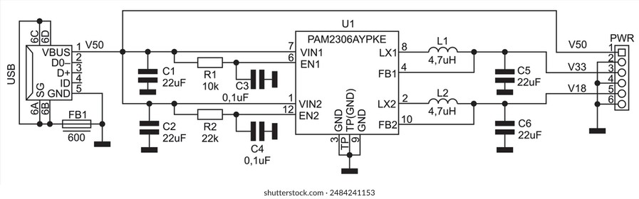 Schematic diagram of electronic device on sheet of paper. Vector drawing electrical circuit with direct current converter, usb connector, coil inductor, resistor, integrated circuit, 
capacitor, fuse.