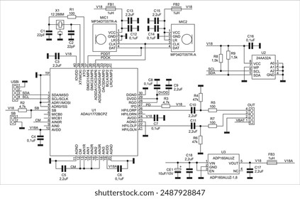 Schematic diagram of electronic device on sheet of paper. Vector drawing electrical circuit with 
usb connector, microphone, resistor, capacitor, integrated circuit, microcontroller, other components.