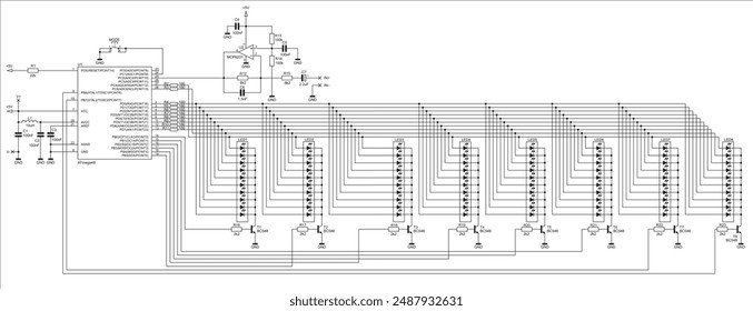 
Schematic diagram of electronic device on sheet of paper. Vector drawing electrical circuit with 
operational amplifier, inductor coil, transistor, resistor, capacitor, led, microcontroller. 