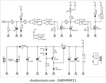 Schematic diagram of electronic device on sheet of paper. Vector drawing electrical circuit with logic gate of
integrated circuit, resistor, capacitor, diode, transistor, other components.