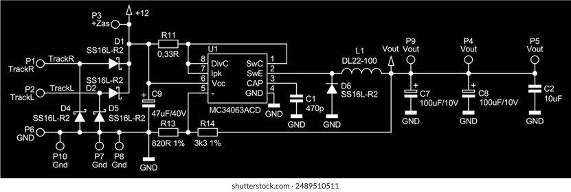 
Schematic diagram of electronic device on sheet of paper. Vector drawing electrical circuit with 
resistor, capacitor, integrated circuit,
inductance coil, diode, other components.