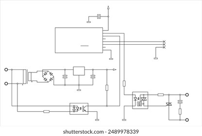 Schematic diagram of electronic device on sheet of paper. Vector template of drawing electrical circuit with microcontroller,
resistor, integrated circuit, capacitor, diode, led,
other components.