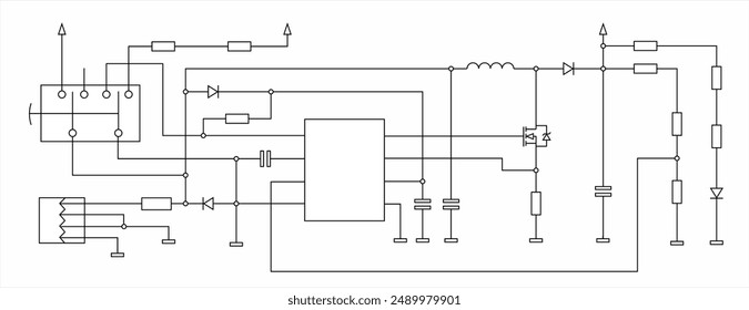 Schematic diagram of electronic device on sheet of paper. Vector template of drawing electrical circuit with usb connector,
resistor, integrated circuit, capacitor, led,
diode, coil, other components.