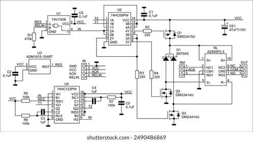 Schematic diagram of electronic device on sheet of paper. Vector drawing electrical circuit with logic gate of
integrated circuit, resistor, capacitor, diode, transistor, connector, other components.