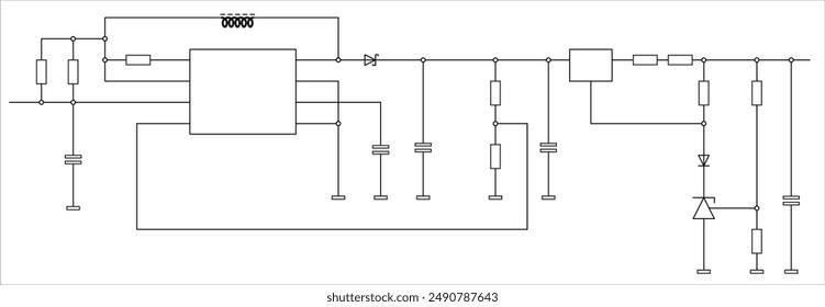 Schematic diagram of electronic device on sheet of paper. Vector template of drawing electrical circuit with resistor, integrated circuit, capacitor, controller, diode, coil, other components.