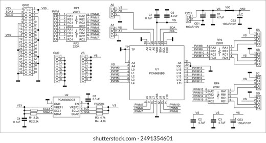 Schematic diagram of electronic device on sheet of paper.
Vector drawing electrical circuit with connector,
resistor, capacitor, integrated circuit,
microcontroller, other components.