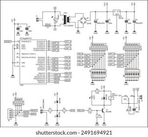 Schematic diagram of electronic device on sheet of paper. Vector drawing electrical circuit with 
bar graph led indicator, power supply with transformer, 
resistor, capacitor, microcontroller, other. 
