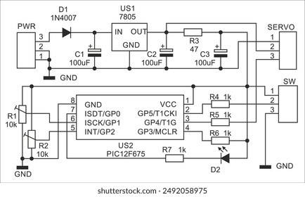 
Schematic diagram of electronic device on sheet of paper. Vector drawing electrical circuit with  
resistor, capacitor, microcontroller, voltage stabilizer,
diode, led, other components.