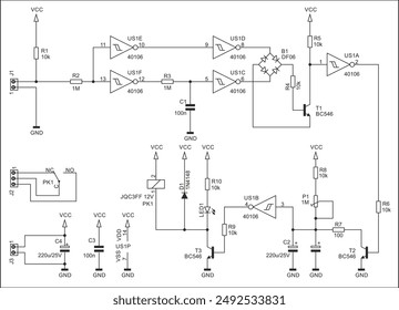 Schematic diagram of electronic device on sheet of paper. Vector drawing electrical circuit with logic gate of
integrated circuit, resistor, capacitor, diode, transistor, led, other components.