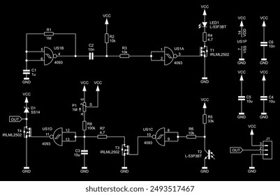 
Schematic diagram of electronic device on sheet of paper.
Vector drawing electrical circuit with logic gate of
integrated circuit, resistor, capacitor, diode, transistor,
other components.