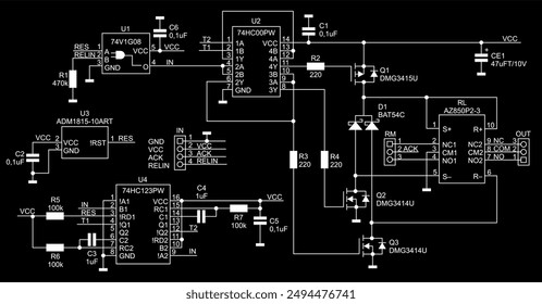 Schematic diagram of electronic device on sheet of paper. Vector drawing electrical circuit with logic gate of
integrated circuit, resistor, capacitor, diode, transistor, connector, other components.