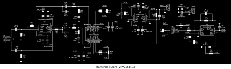 Diagrama esquemático del dispositivo electrónico en hoja de papel. Circuito eléctrico de dibujo de Vector con puerta lógica de
circuito integrado, resistencia, condensador, diodo, microcontrolador,
otros componentes.