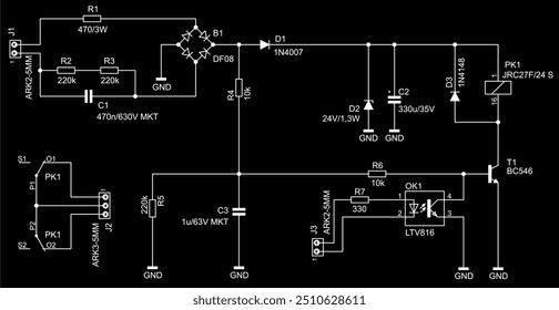 Schematic diagram of electronic device on sheet of paper.
Vector drawing electrical circuit with connector,
resistor, capacitor,transistor, diode, led, other components.