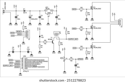 Schematic diagram of electronic device on sheet of paper. Vector drawing electrical circuit with 
integrated circuit, connector,
capacitor, resistor, transistor, diode,
controller, other components.