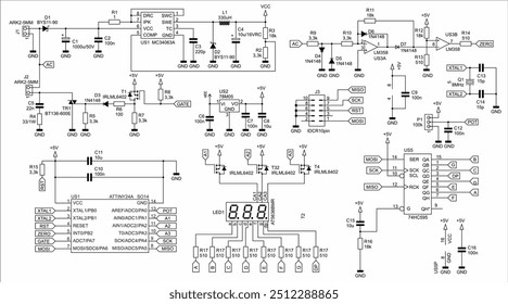 Schematic diagram of electronic device on sheet of paper.
Vector drawing electrical circuit with lcd display, 
operational amplifier, integrated circuit, 
capacitor, resistor, transistor, controller.