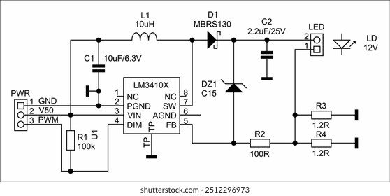 Diagrama esquemático do dispositivo eletrônico em folha branca de papel. Circuito elétrico de desenho vetorial com 
circuito integrado, conector, bobina,
condensador, resistor, led, diodo,
microcontrolador, outro.