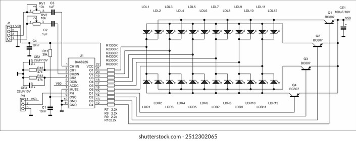 Schematic diagram of electronic device on white sheet of paper.
Vector drawing electrical circuit with led indicator, 
integrated circuit, connector, 
capacitor, resistor, transistor, other components