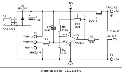 Diagrama esquemático del dispositivo electrónico en hoja de papel.
Circuito eléctrico de extracción de Vector con indicador led, 
amplificador operativo,
condensador, resistencia, transistor, diodo, 
otros componentes.