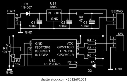 Schematic diagram of electronic device on sheet of paper. Vector drawing electrical circuit with  
resistor, capacitor, microcontroller, voltage stabilizer,
diode, led, other components.