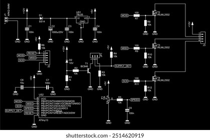 Schematic diagram of electronic device on sheet of paper. Vector drawing electrical circuit with integrated circuit, connector, capacitor, resistor, transistor, diode, microcontroller, other component