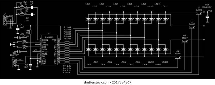 Schematic diagram of electronic device on white sheet of paper. Vector drawing electrical circuit with led indicator, integrated circuit, connector, 
capacitor, resistor, transistor, other components.