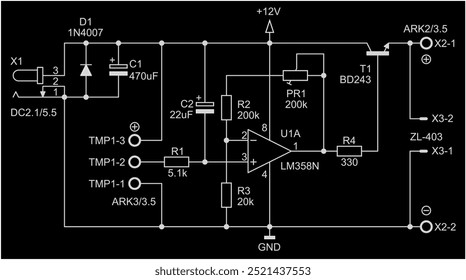 Schematic diagram of electronic device on sheet of paper.
Vector drawing electrical circuit with led indicator, 
operational amplifier,
capacitor, resistor, transistor, diode, 
other components.