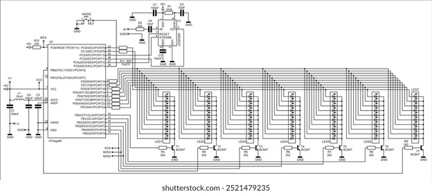 Schematic diagram of electronic device on white sheet of paper.
Vector drawing electrical circuit with led indicator, 
integrated circuit, microcontroller, 
capacitor, resistor, transistor, other.