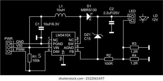 Diagrama esquemático do dispositivo eletrônico em folha de papel. Circuito elétrico de desenho vetorial com circuito integrado, conector, bobina,
condensador, resistor, led, diodo,
microcontrolador, outros componentes