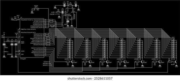 Schematic diagram of electronic device on sheet of paper. Vector drawing electrical circuit with led indicator, 
integrated circuit, microcontroller, 
capacitor, resistor, transistor, other components