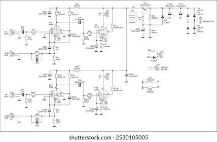 Schematic diagram of electronic device on paper sheet. Vector drawing electrical circuit with 
tube amplifier (lamp), diode, capacitor, resistor, transistor,
connector, other components.