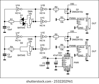 Schematic diagram of electronic device on white sheet of paper.
Vector drawing electrical circuit with logic elements of 
integrated circuit,
diode, usb connector, capacitor, resistor, transistor.