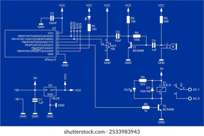 Schematic diagram of electronic device on sheet of paper. Vector drawing electrical circuit with microcontroller,
transistor, microphone,
resistor, integrated circuit, capacitor, diode, led, other.