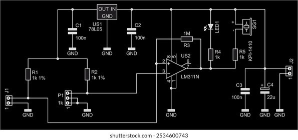 Schematic diagram of electronic device on sheet of paper. Vector drawing electrical analog circuit with voltage stabilizer, resistor, operational amplifier, connector, capacitor, led, other components