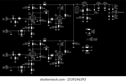 Diagrama esquemático do dispositivo eletrônico na folha de papel.
Circuito elétrico de desenho vetorial com 
amplificador de tubo (lâmpada), díodo, condensador, resistência, transístor,
conector, outros componentes.