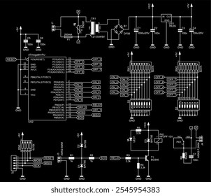 Diagrama esquemático del dispositivo electrónico en hoja de papel.
Circuito eléctrico de extracción de Vector con 
Indicador led de gráfico de barras, fuente de alimentación con transformador, 
resistor, condensador, microcontrolador, otros. 