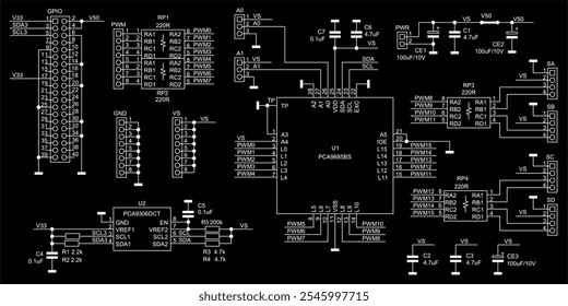 Schematic diagram of electronic device on sheet of paper. Vector computer cad drawing electrical circuit with connector,
resistor, capacitor, integrated circuit,
microcontroller, other components.