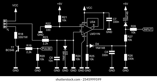 Schematic diagram of electronic device on sheet of paper.
Vector drawing electrical circuit with operational amplifier, 
connector, resistor, capacitor, diode,
transistor, other components.