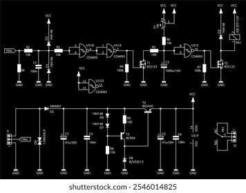 Schematic diagram of electronic device on sheet of paper.
Vector drawing electrical circuit with logic gate of
integrated circuit, resistor, capacitor, diode, transistor,
other components.