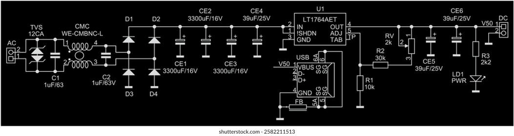 Schematic diagram of electronic device on sheet of paper.
Vector drawing electrical circuit with connector,
resistor, capacitor, integrated circuit,
inductance coil, microcontroller, led, usb, other.