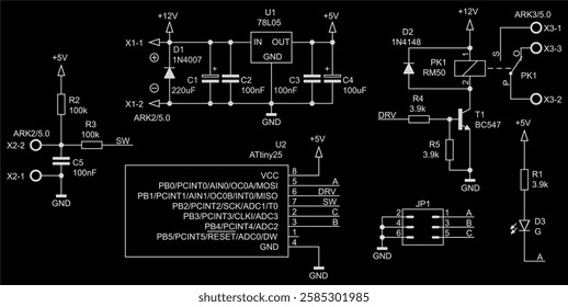 Schematic diagram of electronic device on sheet of paper.
Vector drawing electrical circuit with connector,
resistor, capacitor, integrated circuit,
led, microcontroller, voltage stabilizer. 