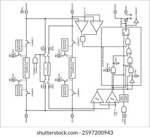 Schematic diagram of electronic device on white sheet of paper.
Vector drawing electrical circuit with  
capacitor, resistor, 
switch, operational amplifier, logic element
of integrated circuit,
other