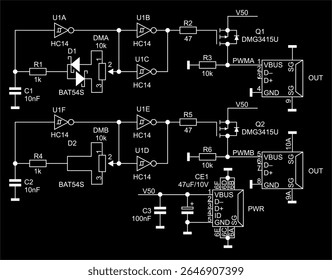 Schematic diagram of electronic device on paper sheet. Vector drawing electrical circuit with logic elements of integrated circuit,
diode, usb connector, capacitor, resistor, transistor,
other.
