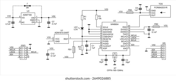 Schematic diagram of electronic device on white paper sheet. Vector drawing electrical circuit with
resistor, capacitor, integrated circuit,
diode, microcontroller, led indicator, other components.