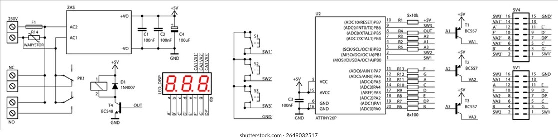 Schematic diagram of electronic device on white paper sheet. Vector drawing electrical circuit with
resistor, capacitor, integrated circuit,
diode, microcontroller, led display, other components.